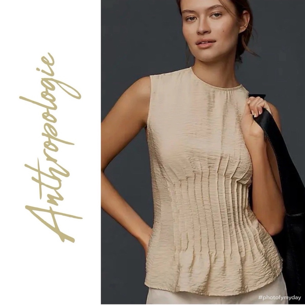 Anthropologie Sleeveless Pleated Beige Shell Top